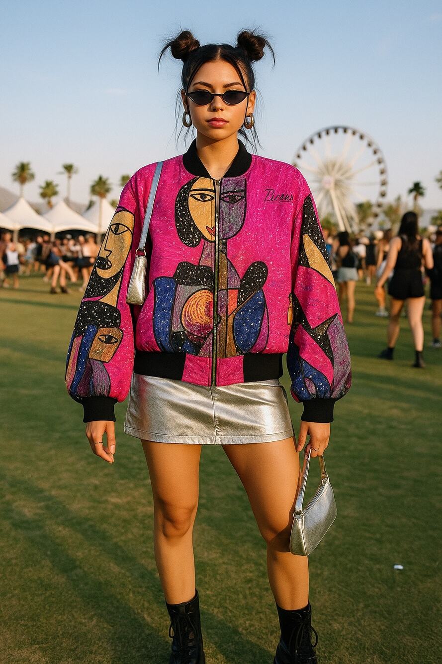 Vintage Picasso Art Bomber Jacket Bright Pink Sequins 1980s Festival Large